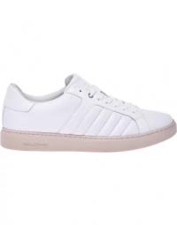 White leather and fabric low-top trainers