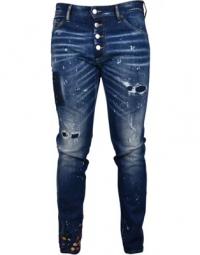 Men Luxury Jeans - Dsquared2 Cool Guy Blue Washed Jeans with Floral Embroidery